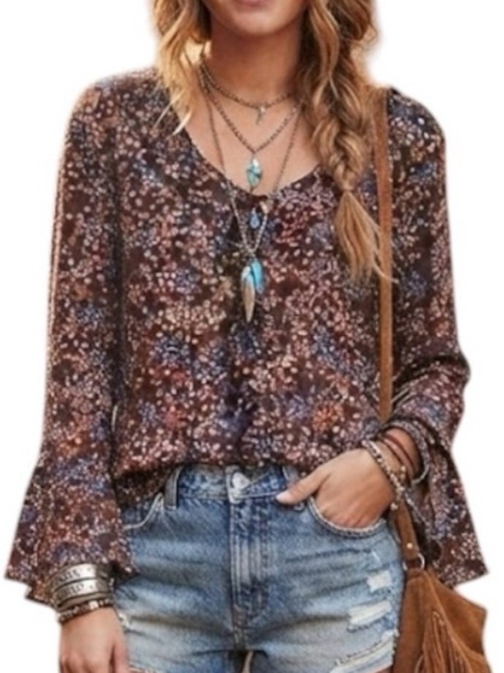 TATTOO Brown Ditsy Floral Flutter Detail Bell Sleeve Blouse Medium Bohemian 70s